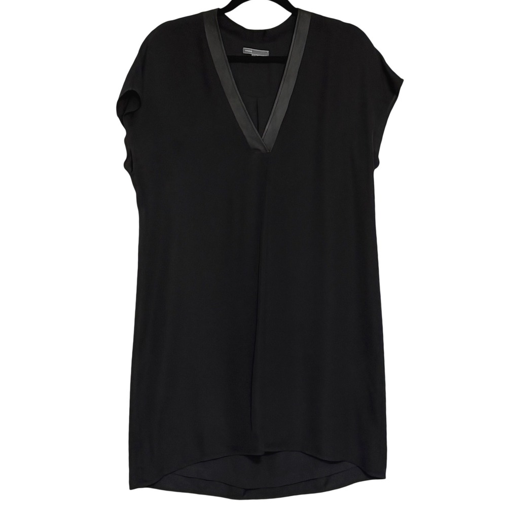 Vince Black Silk Leather-Trim V-Neck Shift Dress Size M